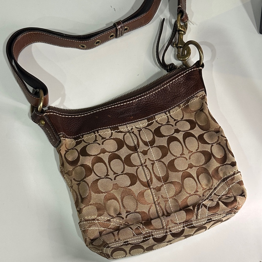 Coach Brown Signature Canvas Crossbody with Dark Brown Leather Trim